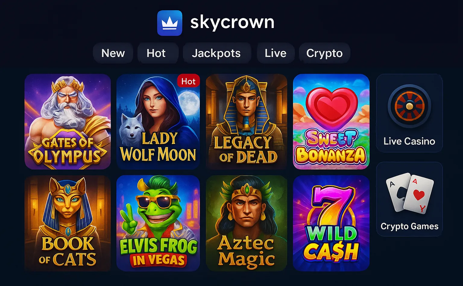 Screenshot montage of the Skycrown Casino Australia game lobby interface. Shows colorful slot game thumbnails (like Pragmatic Play's Gates of Olympus, Play'n Go's Book of Dead), live casino dealer icons (roulette, blackjack), and game category filters (New, Hot, Jackpots, Crypto Games). Clean design on a dark background.