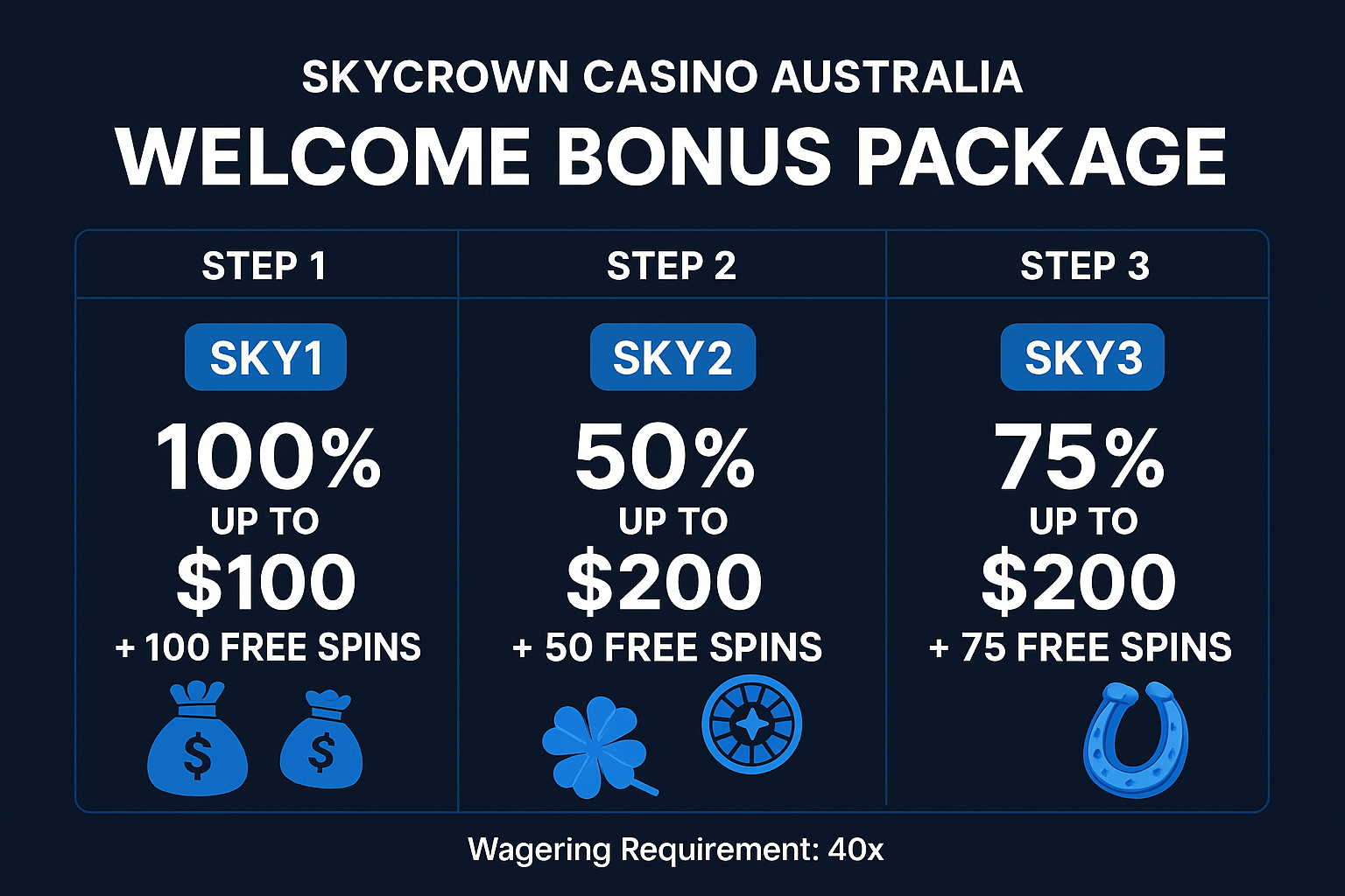 Infographic explaining the Skycrown Casino Australia welcome bonus package. Shows three steps with bonus codes SKY1, SKY2, SKY3, corresponding deposit match percentages (100%, 50%, 75%), bonus caps ($100, $200, $200), and free spins amounts (100, 50, 75). Includes icons for money bags and free spins symbols. Clear layout with 40x wagering requirement mentioned.